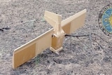 An alleged Australian-built cardboard drone lies nose down with a twig stuck in it