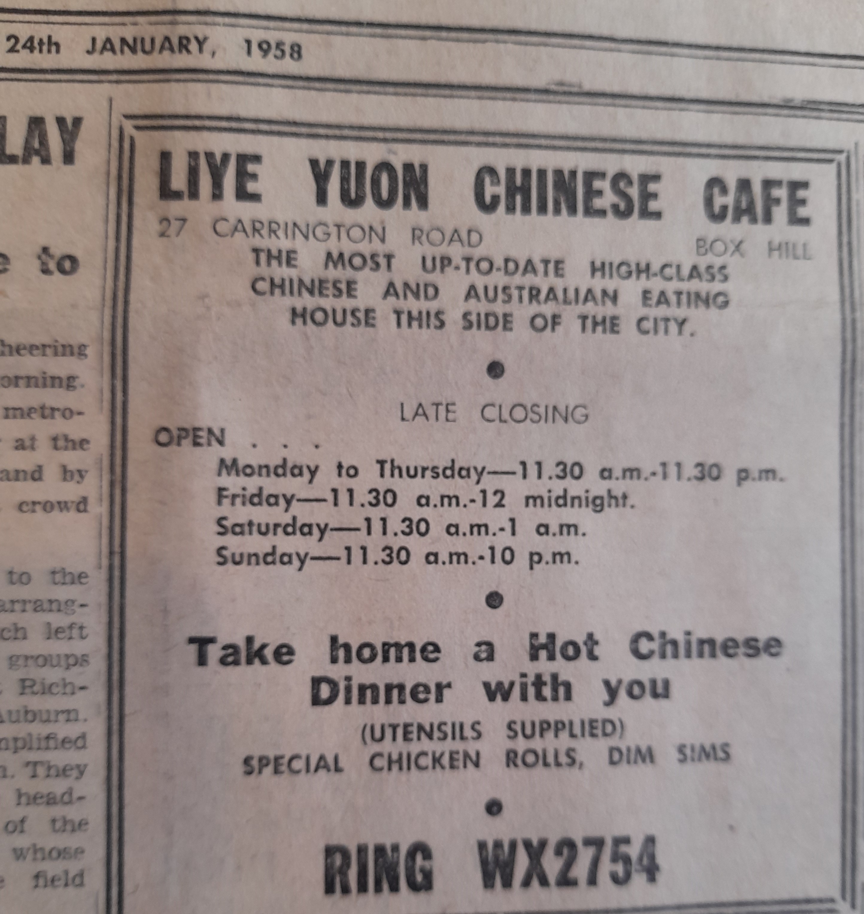 A newspaper clipping in black and white for Liye Yuon Chinese cafe, showing opening hours and "take home a hot Chinese dinner"