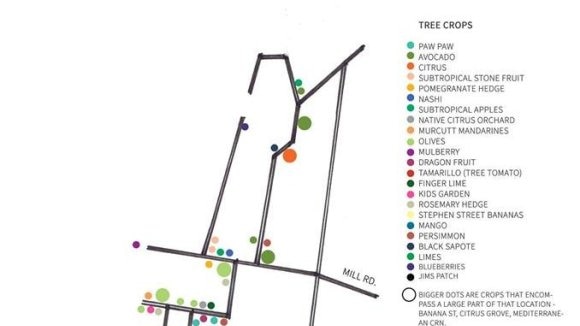 Street map showing the range of produce grown in the urban food street precinct.