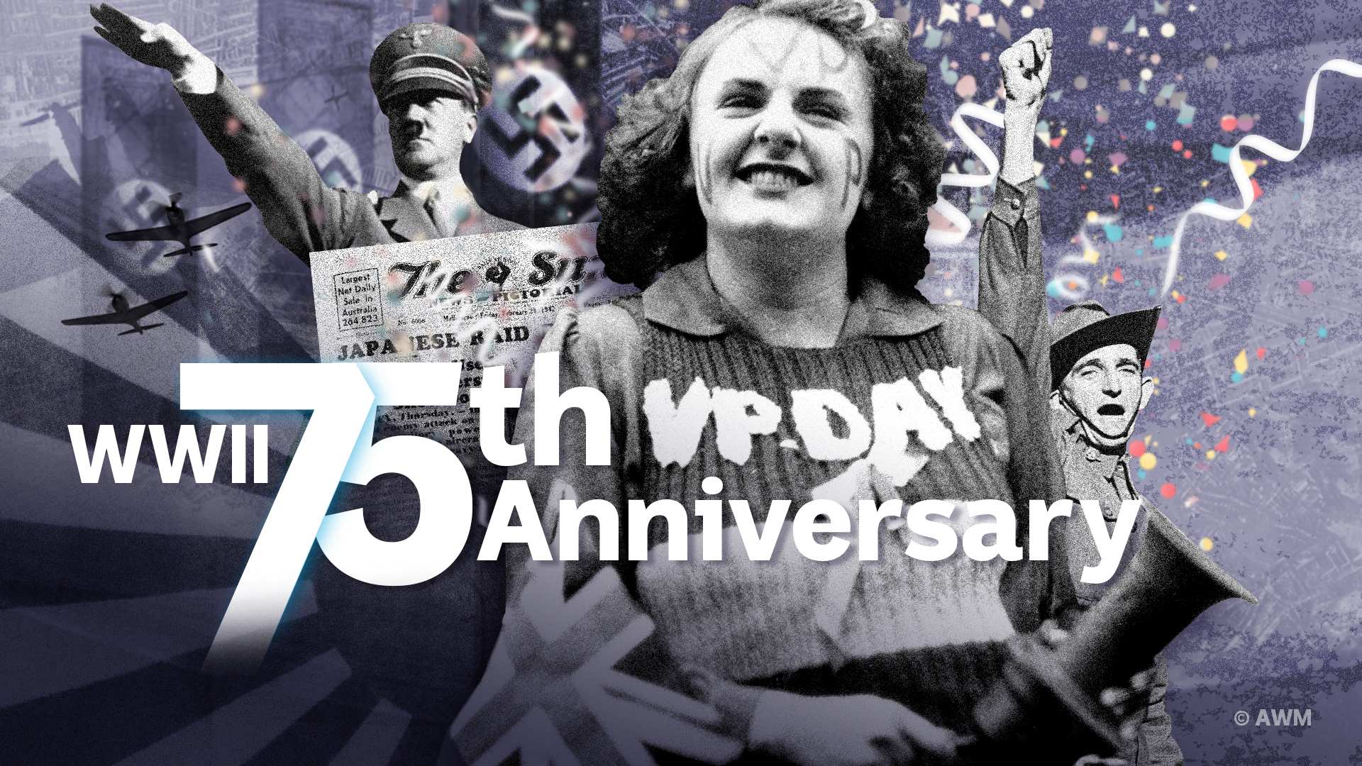 Various images of WWII, including Nazi and Imperial Japan flags and people rejoicing at victory parades.