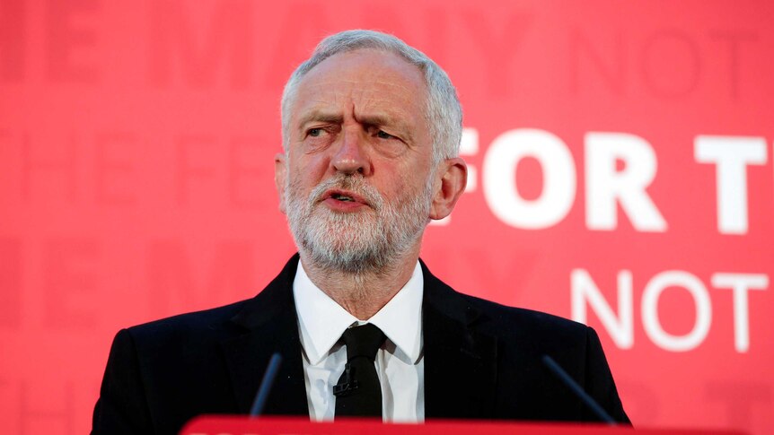 Jeremy Corbyn looks into the distance while delivering a speech.