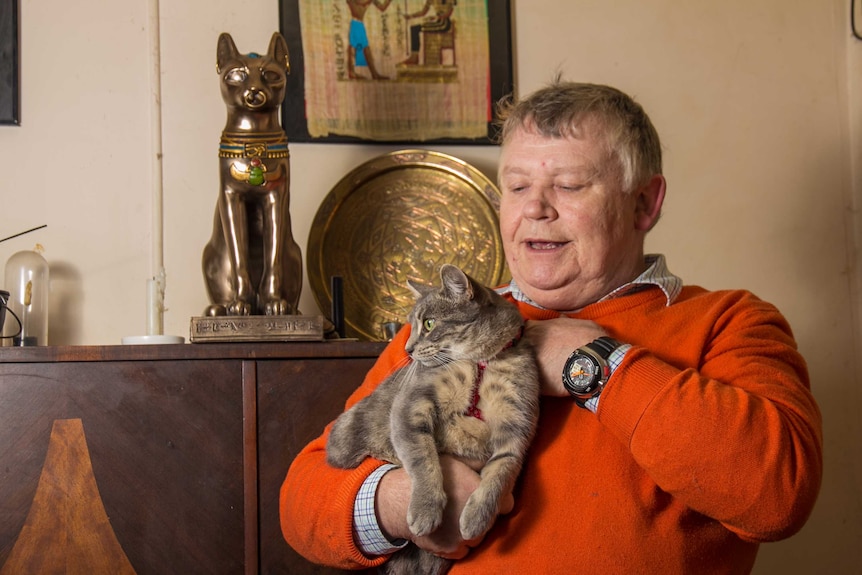 A man holding a tabby cat with an Egyptian statue of a cat in the background