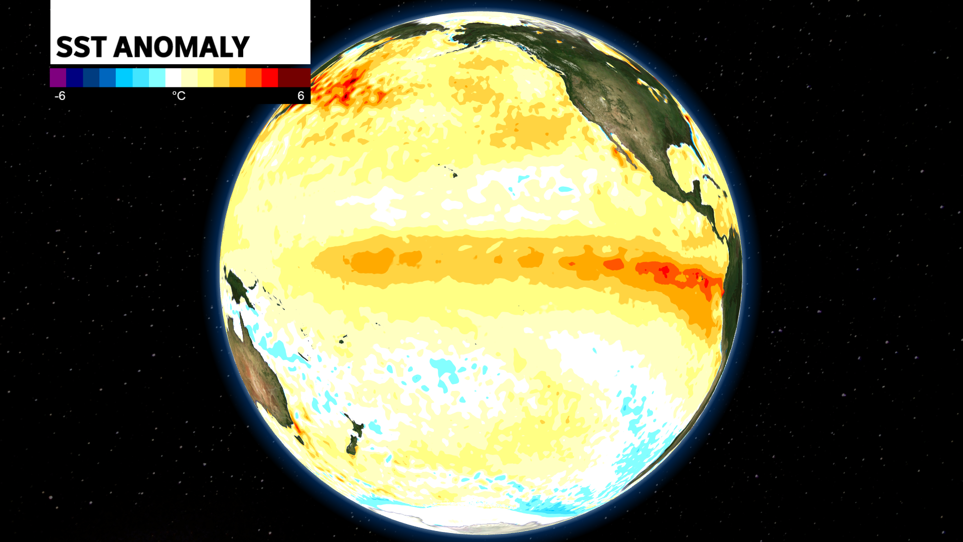 A warm tongue of water along the Pacific equator shows are well established El Niño pattern