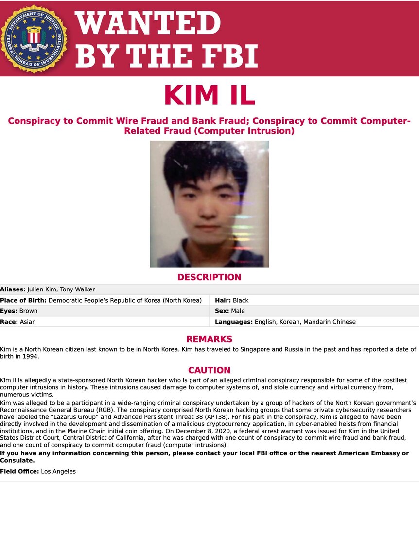 Kim Il in an FBI wanted poster released by the US Department of Justice