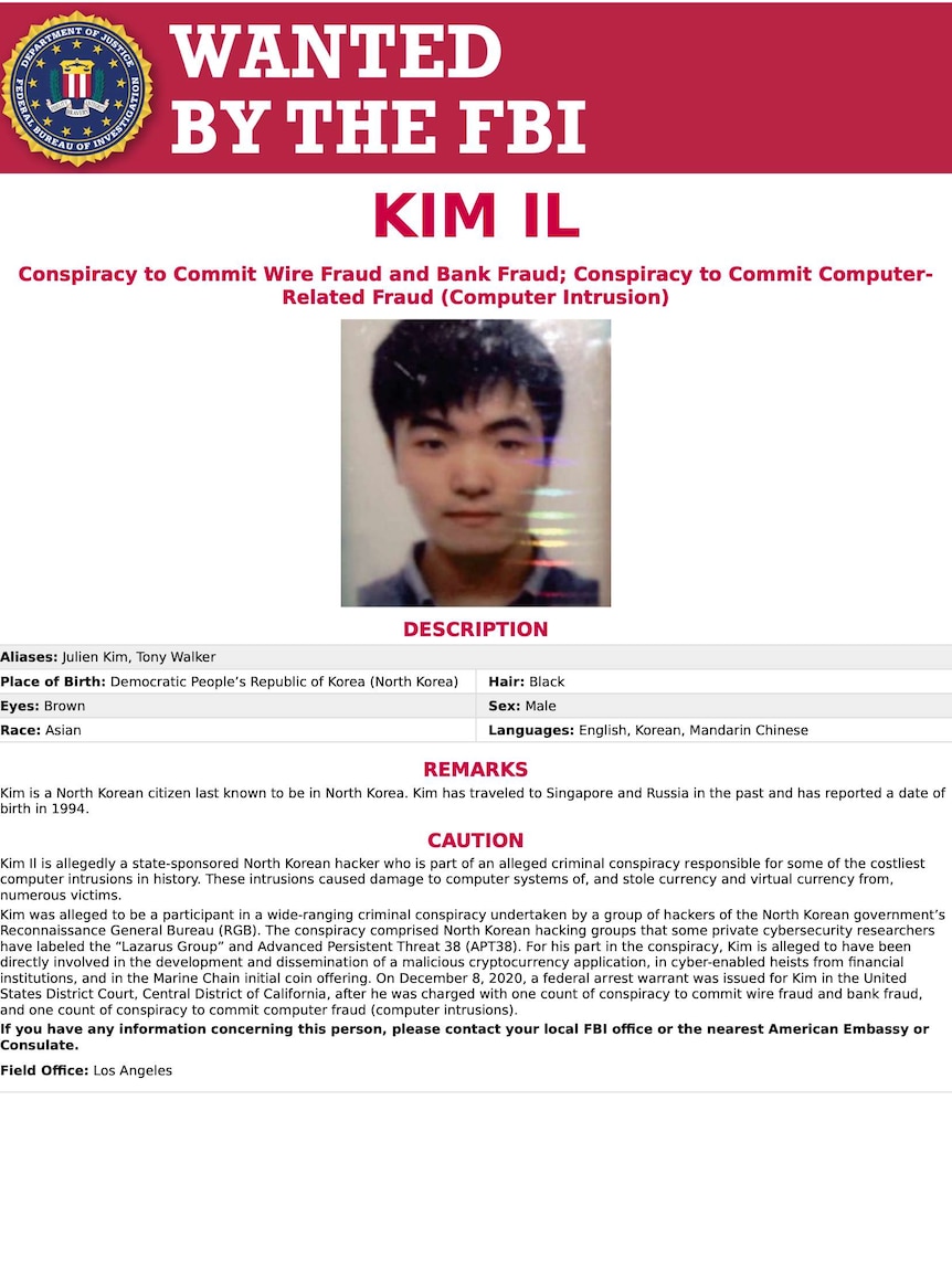 Kim Il in an FBI wanted poster released by the US Department of Justice