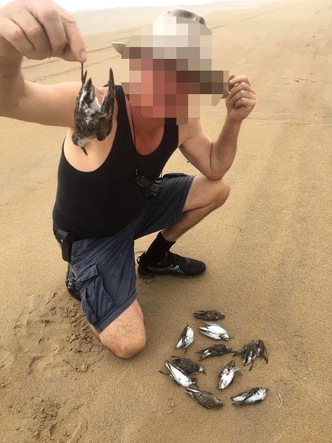 A man crouches on the sand holding up a dead bird with another 10 at his feet