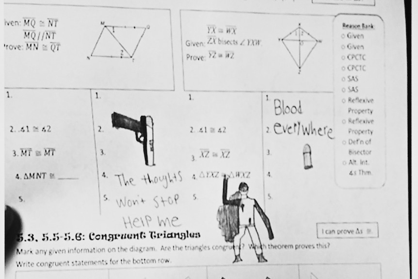 A court photo of Ethan Crumbley's maths assignment which has a drawing of a gun, a bullet, and a wounded man.