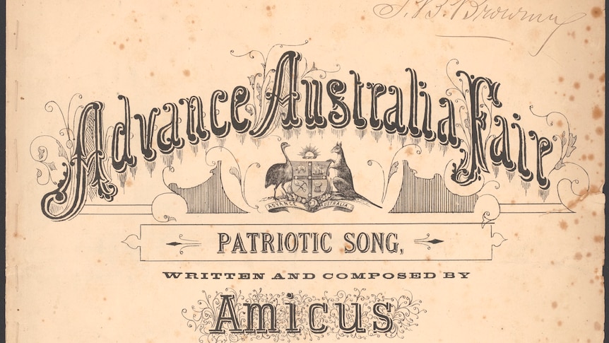 Cursive script reading 'Advance Australia Fair - PATRIOTIC SONG' on vintage paper.