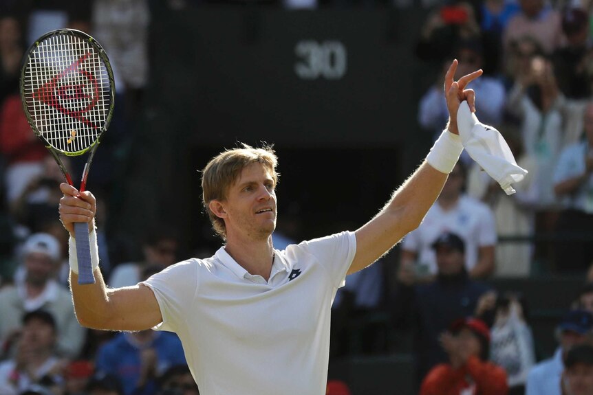 Kevin Anderson celebrates winning his Wimbledon quarterfinal against Roger Federer.