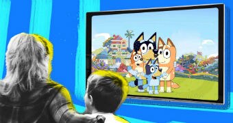 Illustration shows mum and son watching Bluey the animation on television
