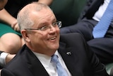 A seated Scott Morrison smiles in Parliament