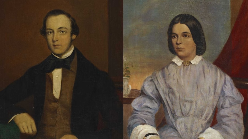 Two colonial portraits, oil paintings, of a dour faced man and woman