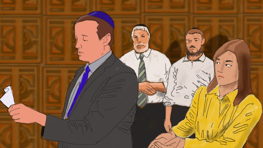 An illustration shows a man refusing to give a woman a Jewish divorce as two rabbis look on.