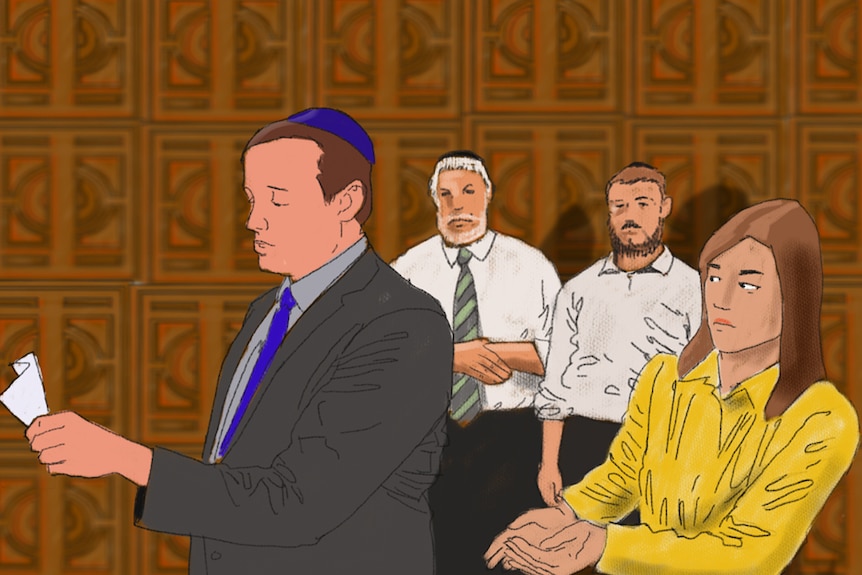 An illustration shows a man refusing to give a woman a Jewish divorce as two rabbis look on.