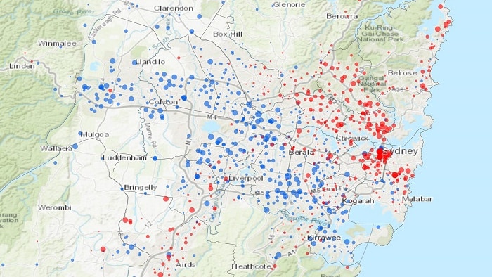 map of sydney region with red and blue dots where Labor and Liberal won seats, shows a line dividing the city