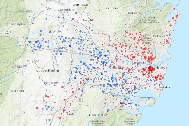 map of sydney region with red and blue dots where Labor and Liberal won seats, shows a line dividing the city