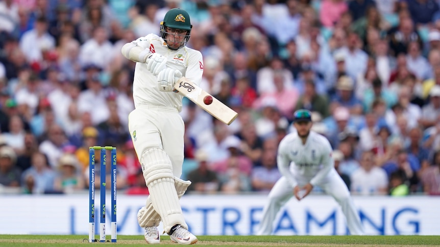 Australia batter Todd Murphy hits the ball with his bat during an Ashes Test.
