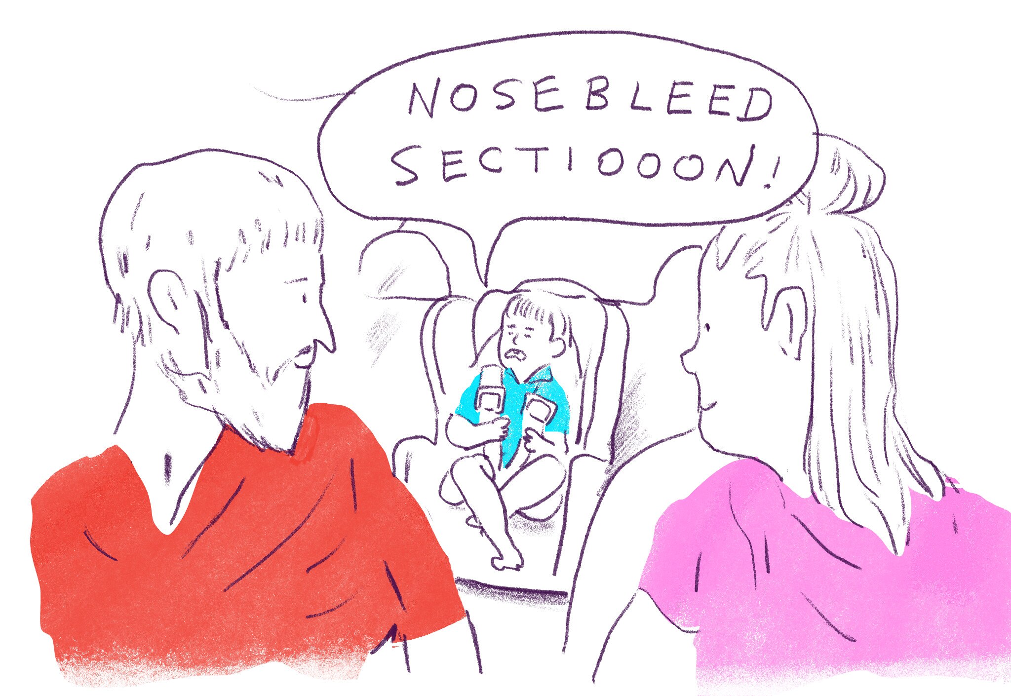 A man and woman look to a child in the back seat of a car. A speech bubble says: "Nosebleed sectiooon!"