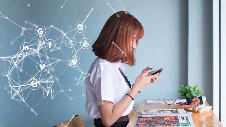 A graphic of an Asian girl using her mobile phone with some social media icons floating next to her.