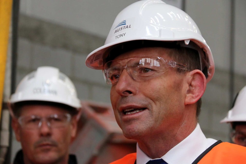 Prime Minister Tony Abbott at a shipbuilding yard in Henderson, near Fremantle
