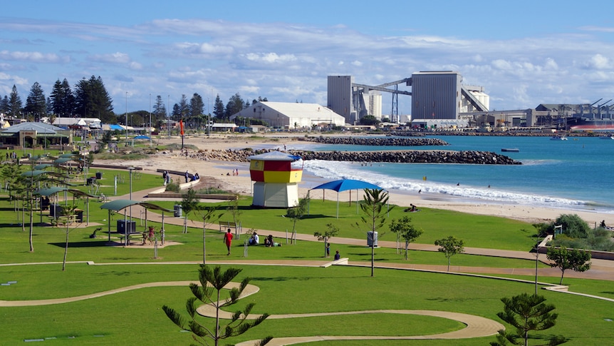 Looking across the foreshore and a park at the port in Geraldton