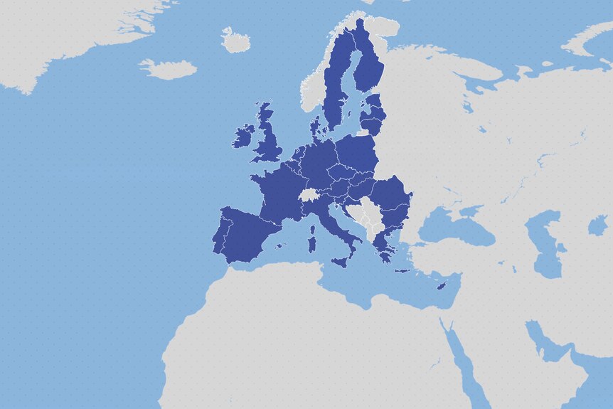 A map showing EU countries in deep blue, and non-EU countries in light grey.