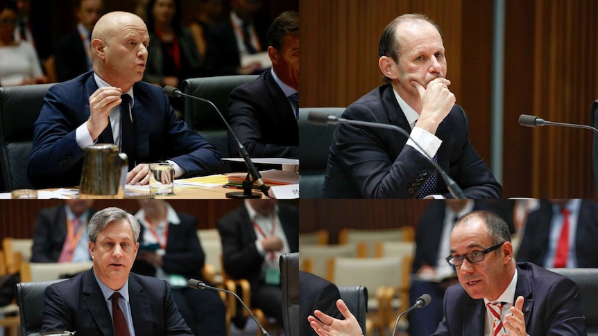 A composite image of the CEOs of the big four banks speak to a panel at Parliament House in 2016.