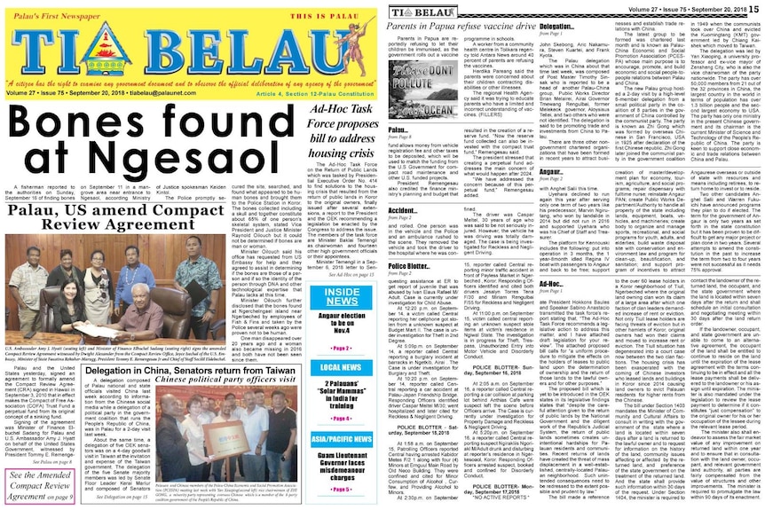 The text-heavy front page of Tia Belau newspaper with a headline "Bones found at Ngesaol".