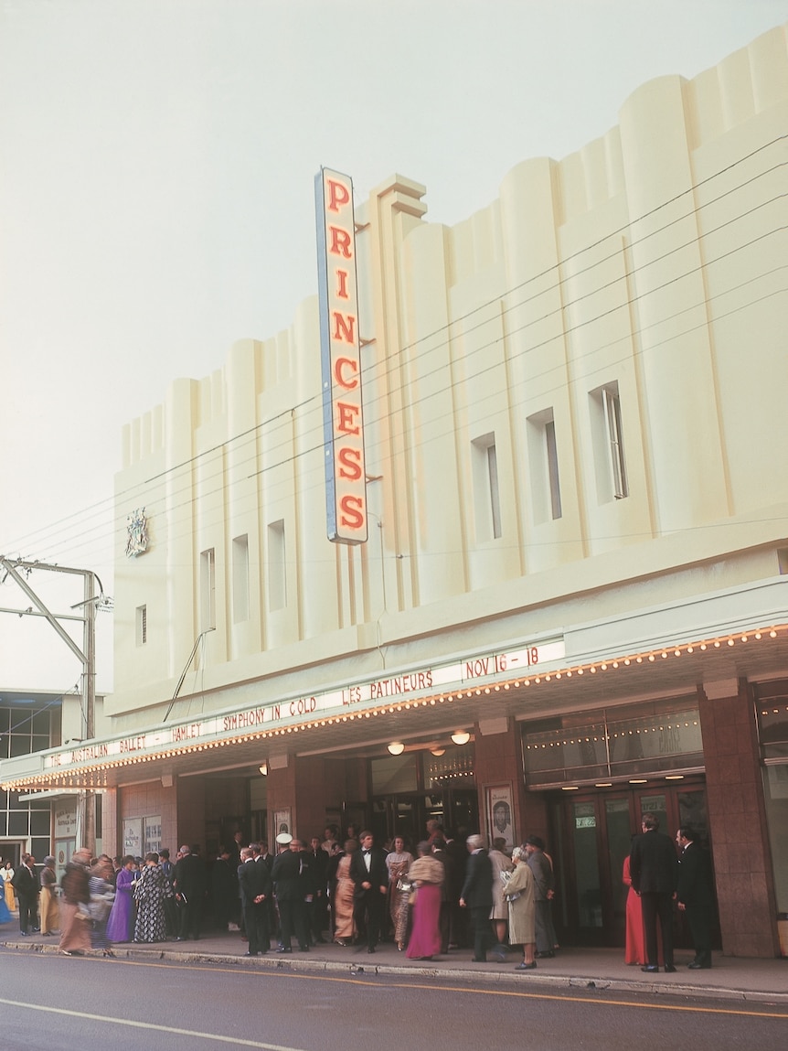 The exterior of Launceston's Princess Theatre when it opened in 1970. A line of people waits to get in.