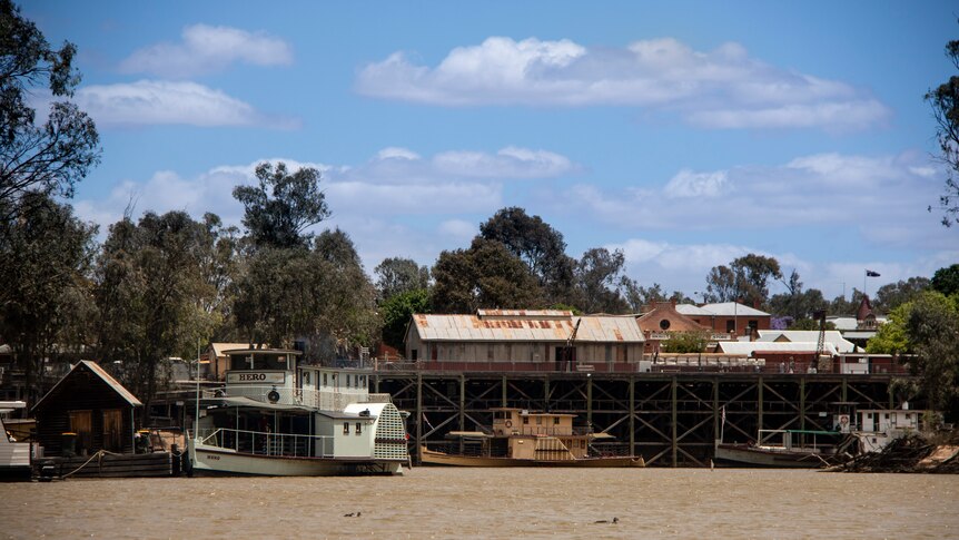 Brown water of the Murray, a paddle steamer and the banks of Echucha, with trees and blue sky behind.