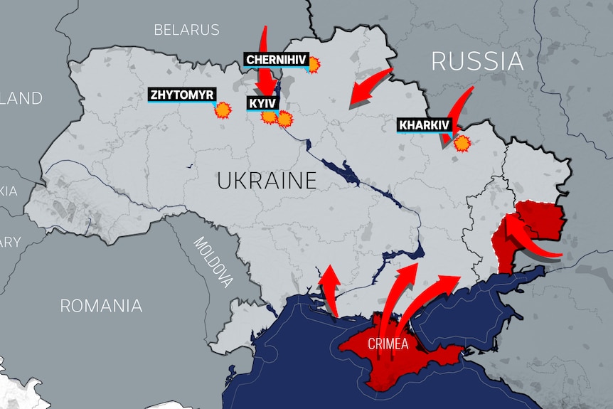 A map detailing incursion in Ukraine shows movements from Crimea in the south, and more troops entering from the north
