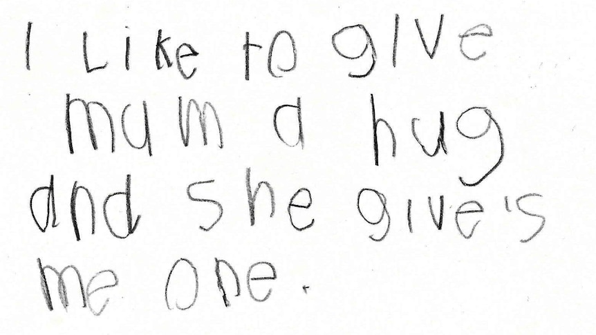 A child's diary entry reads: I like to give mum a hug and she gives me one.