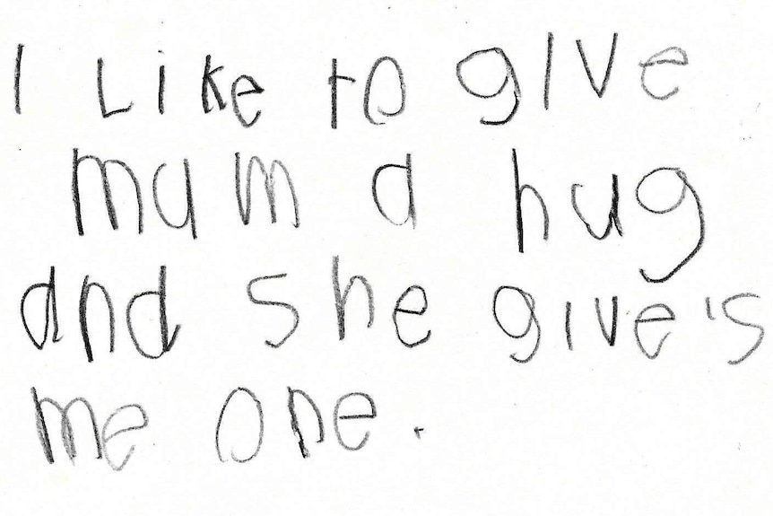 A child's diary entry reads: I like to give mum a hug and she gives me one.