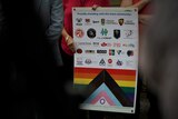 A sign with logos of community organisations that support the trans community