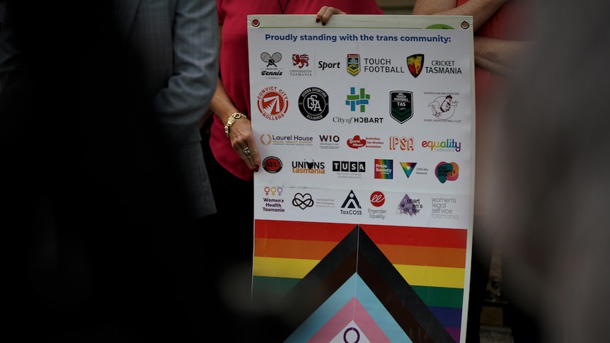 A sign with logos of community organisations that support the trans community