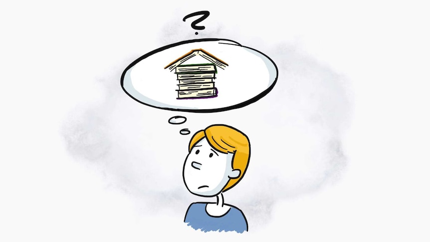 Graphic illustration of a man with a thought bubble containing a house made of books