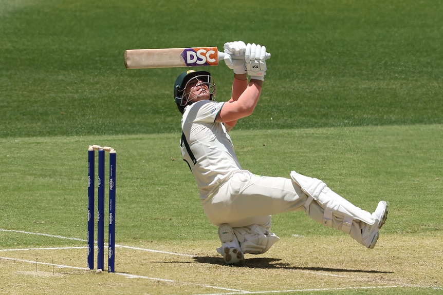 David Warner looks up in the air, falling backwards with his bat in the air