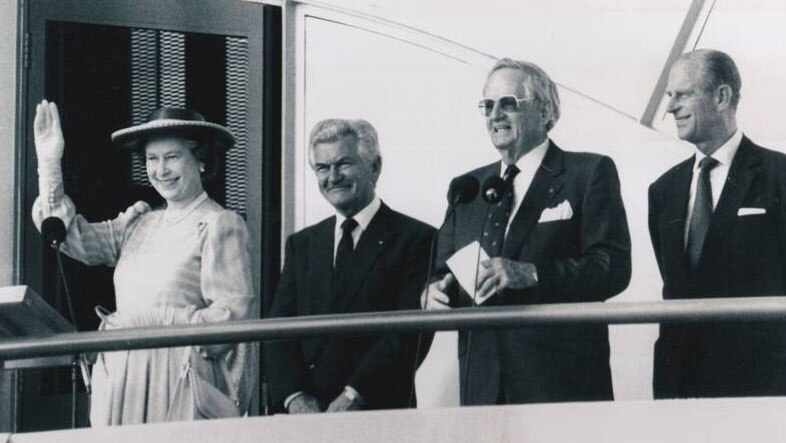 Queen Elizabeth II officially opens the Stockman's Hall of Fame in 1988 in Longreach.