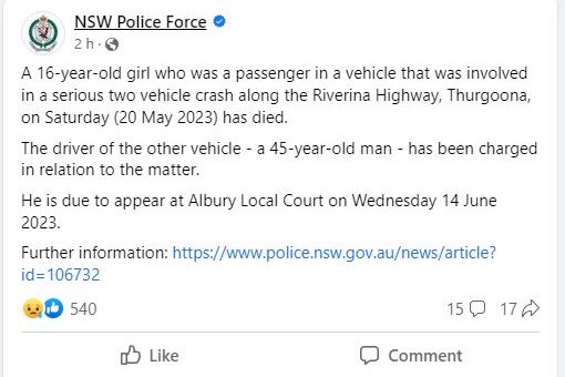  A facebook post by NSW police on a fatal two-car crash.