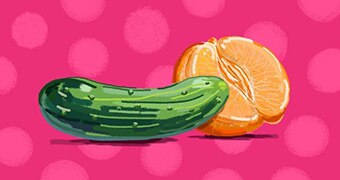 A brightly coloured sketch of a cucumber laying near half and orange, on a pink background.