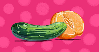 A brightly coloured sketch of a cucumber laying near half and orange, on a pink background.