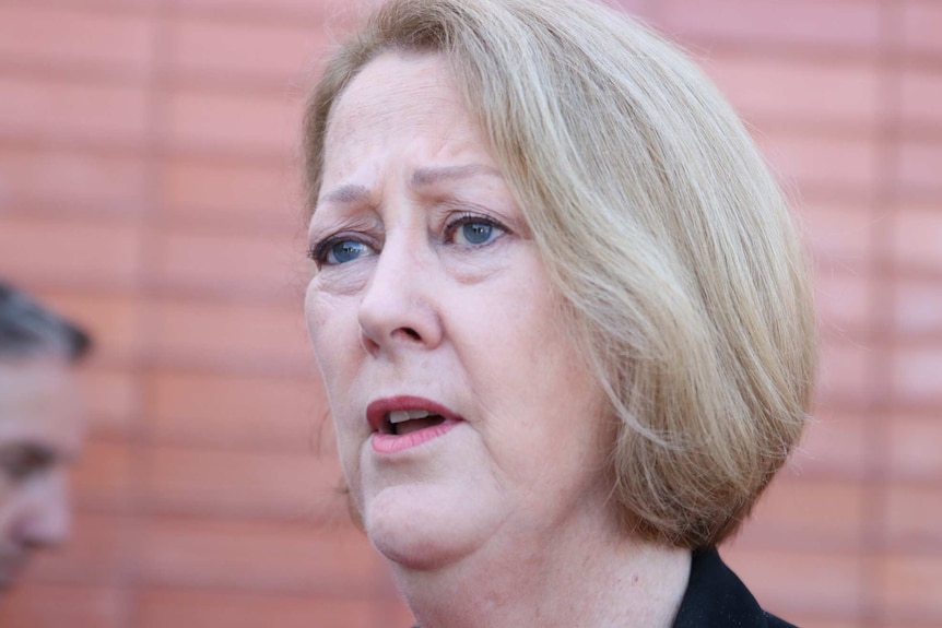 WA Police minister Michelle Roberts speaks in front of a brick wall.