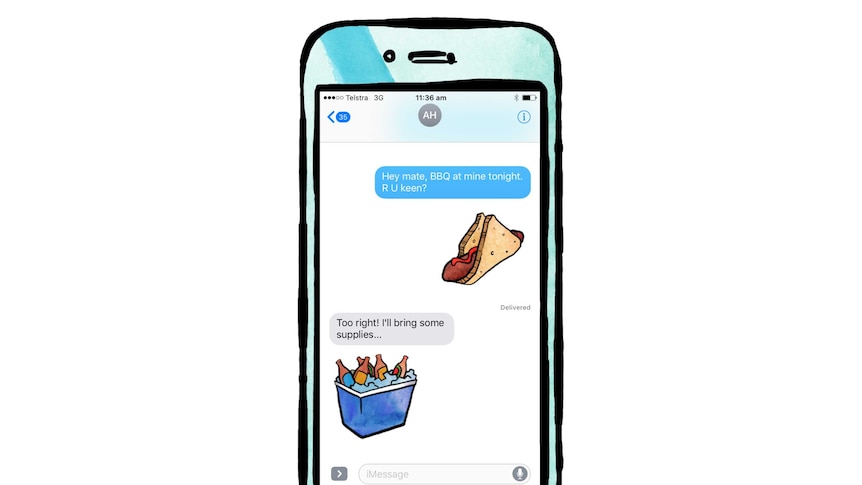 A graphic shows a hypothetical text conversation using 'sausage sizzle' and 'esky' emojis