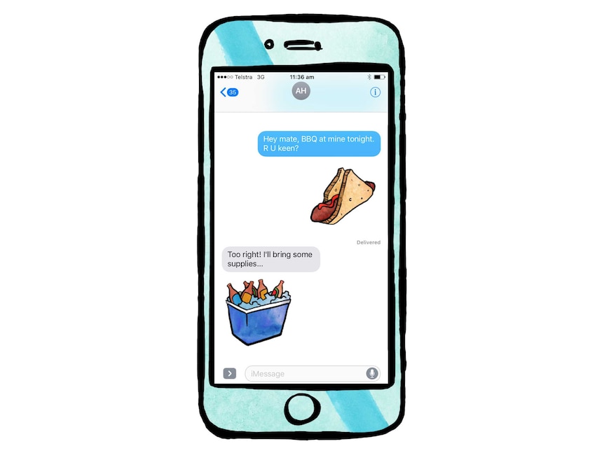 A graphic shows a hypothetical text conversation using 'sausage sizzle' and 'esky' emojis