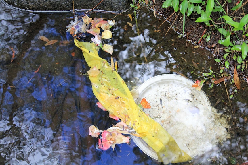 A plastic lid, a yellow piece of plastic and fake flowers in a small creek