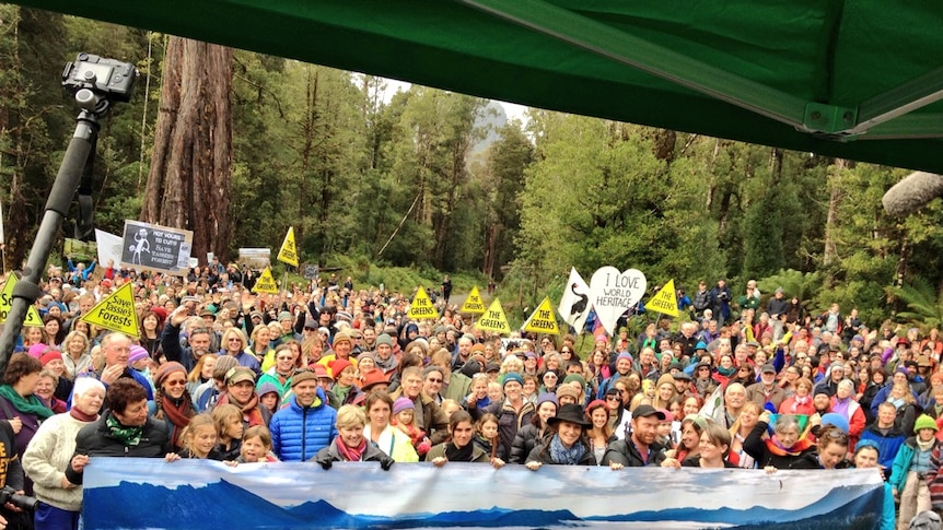 Hundreds of people rally in Tasmania's Upper Florentine Valley to protest against the federal government's plan to delist 74,000 hectares of forest.