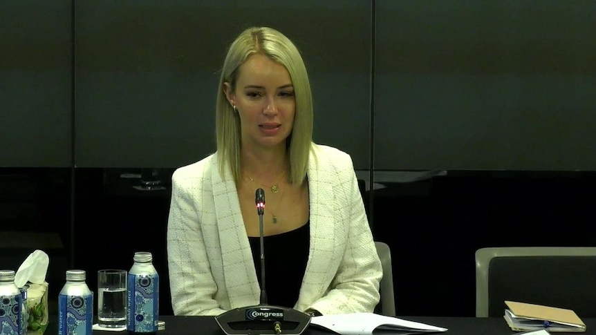 A woman speaking into a microphone at an inquiry.