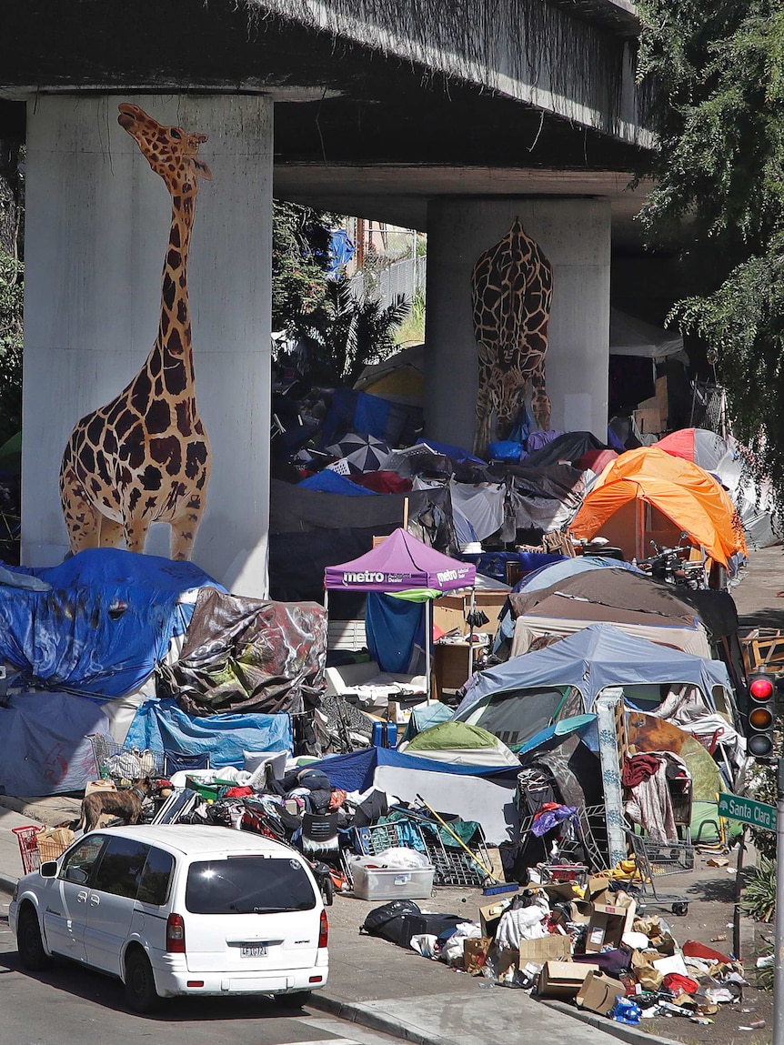 A series of tents under a bridge with street art of giraffes.