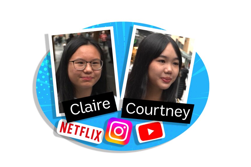 A colourful graphic featuring two teen girls, and Netflix, Instagram and YouTube logos.