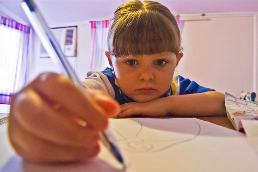 a young girl with pigtails sits at a desk in a pink room doing homework